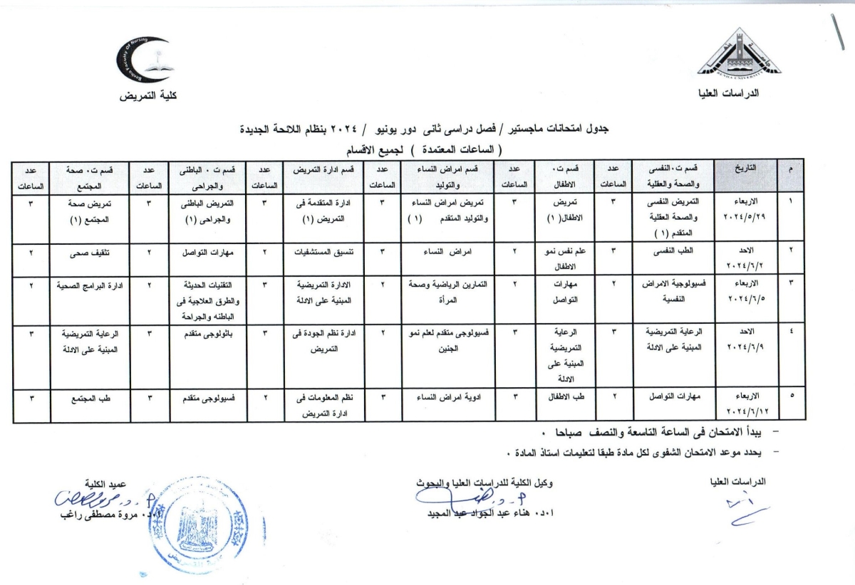 جدول امتحانات طلاب ماجستير فصل دراسى ثانى دور يونيو للعام الجامعى 2023-2024