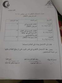 جدول امتحانات دكتوراه قسم تمريض الاطفال دور نوفمبر 2019