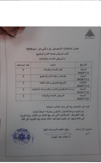 جدول امتحان ماجستير جزء ثانى قسم تمريض صحة الام والرضيع دور مايو 2020