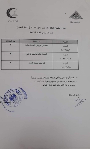 جدول امتحان دكتوراه (لائحة قديمة ) دور مايو 2023 قسم تمريض الصحة العامة