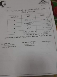 جدول امتحانات ماجستير جزء ثان قسم تمريض الاطفال