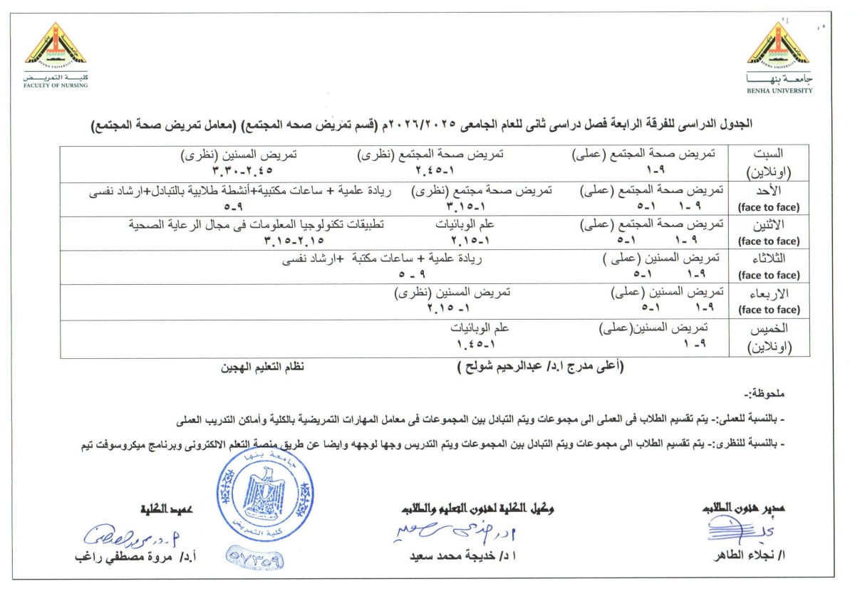 الجدول الدرااسى للفرقة الرابعه فصل دراسى ثانى للعام الجامعى 2025/2026 (  قسم تمريض صحة المجتمع  )
